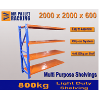 LDS- ADD-ON BAY 2000(h) X 2000(w) X 600(d)mm  LONG SPAN RACKING/LIGHT DUTY SHELVING 4 LEVELS