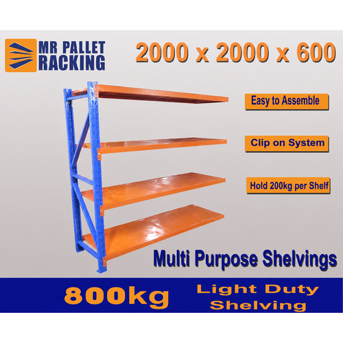 LDS- ADD-ON BAY 2000(h) X 2000(w) X 600(d)mm  LONG SPAN RACKING/LIGHT DUTY SHELVING 4 LEVELS